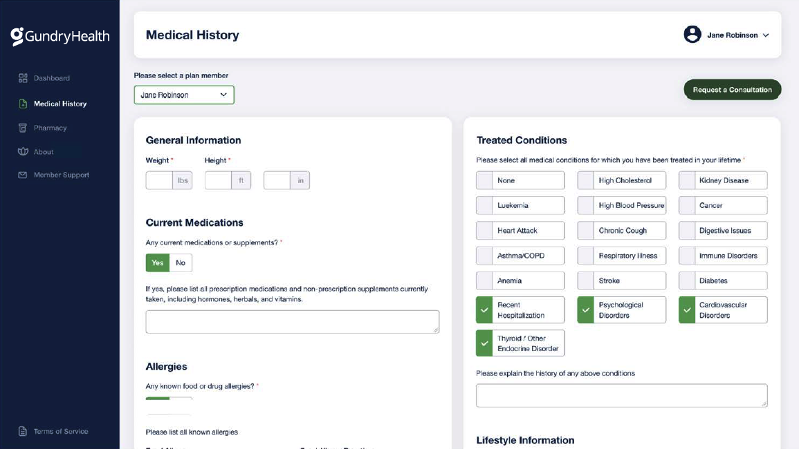 Gundry Health Gundry Health medical history dashboard