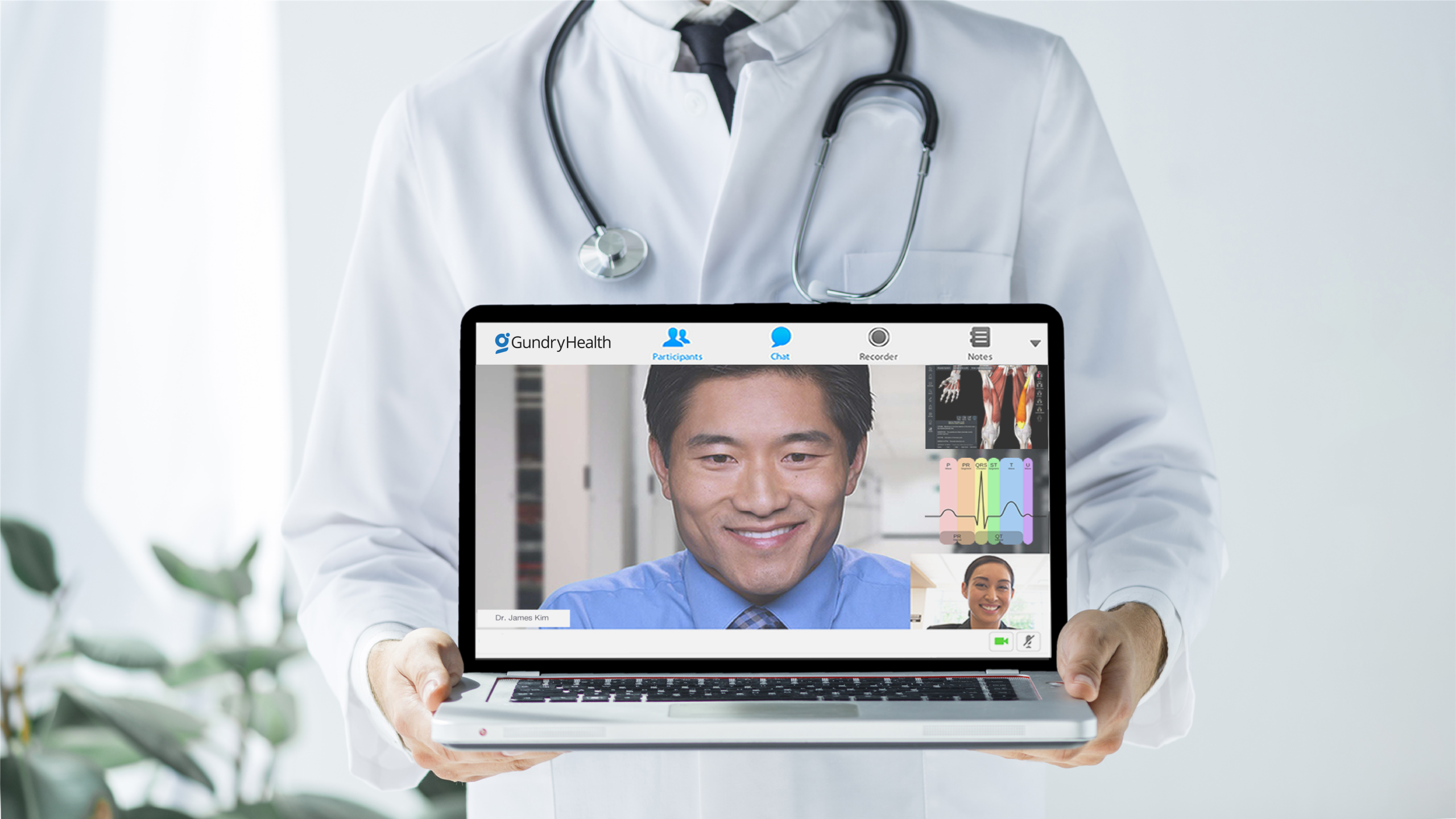 Gundry Health Doctor holding a laptop Gundry Health telehealth video meeting on screen